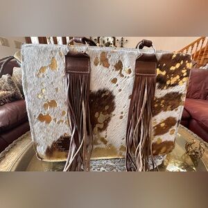 Holy Cow Couture, gorgeous Tote bag, white, brown& gold burnished HOH front. New